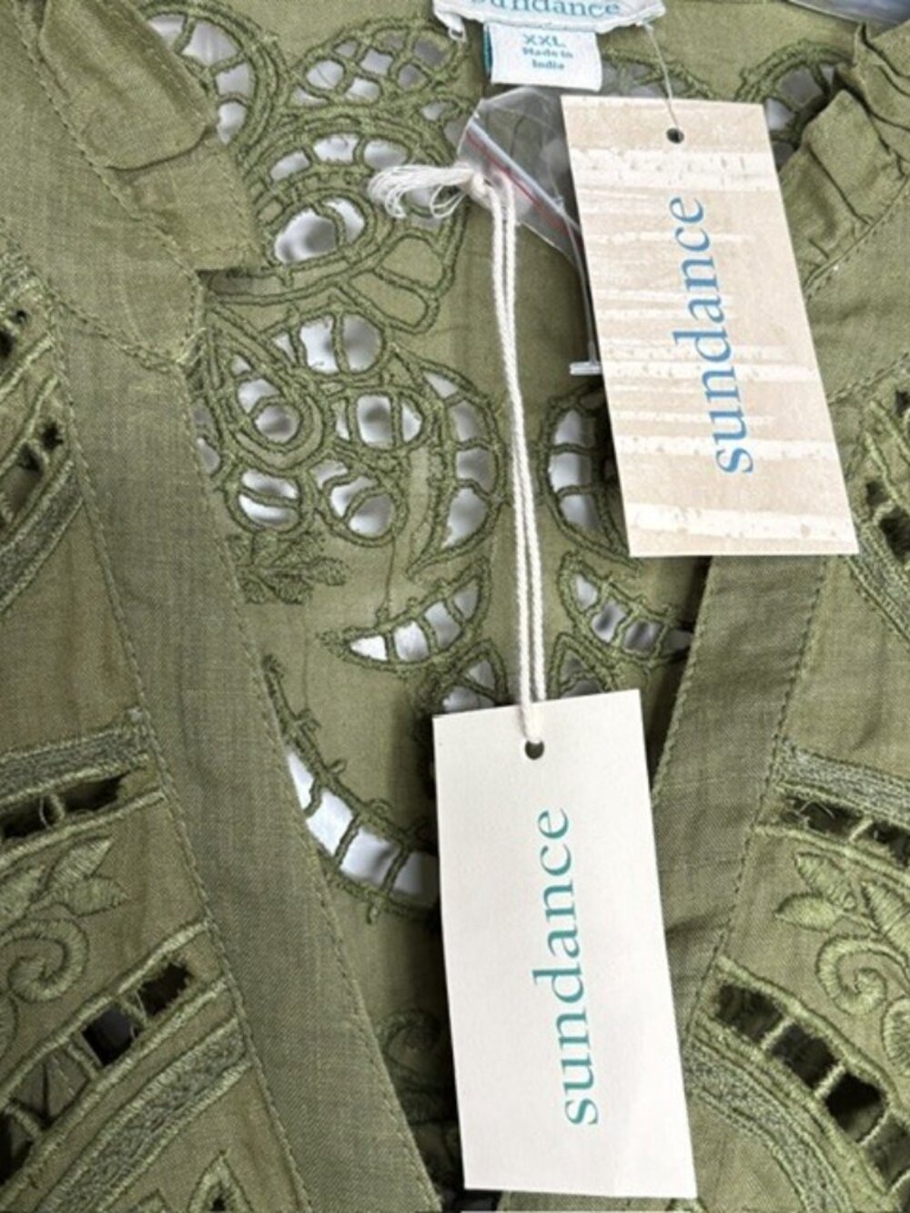 Sundance 2-Piece Embroidered Cutwork Full Sleeved Split Neck Top - XXL - Olive - Picture 9 of 12